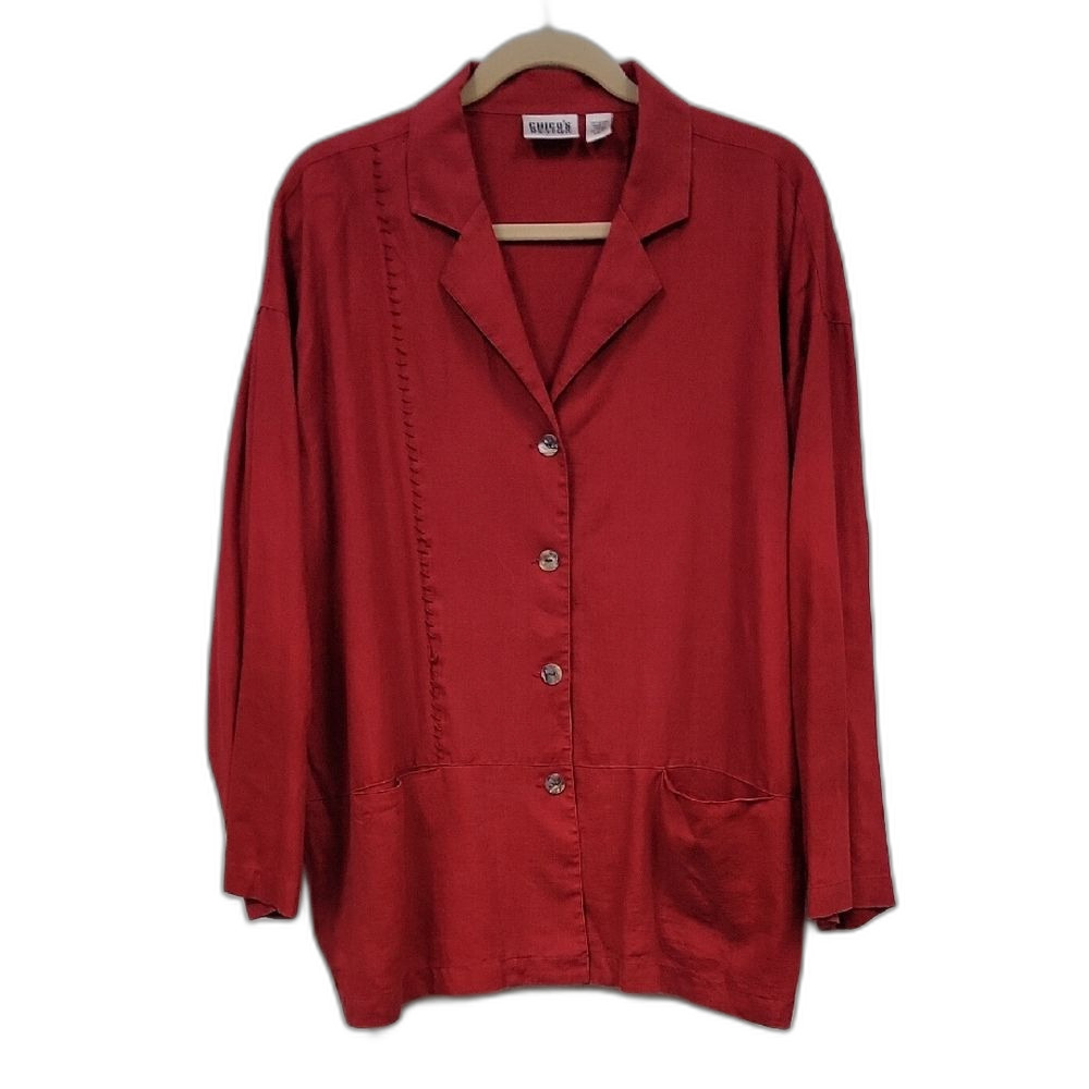 Chico’s Design Red Linen Button Front Jacket Blazer Size 3 Relaxed Fit